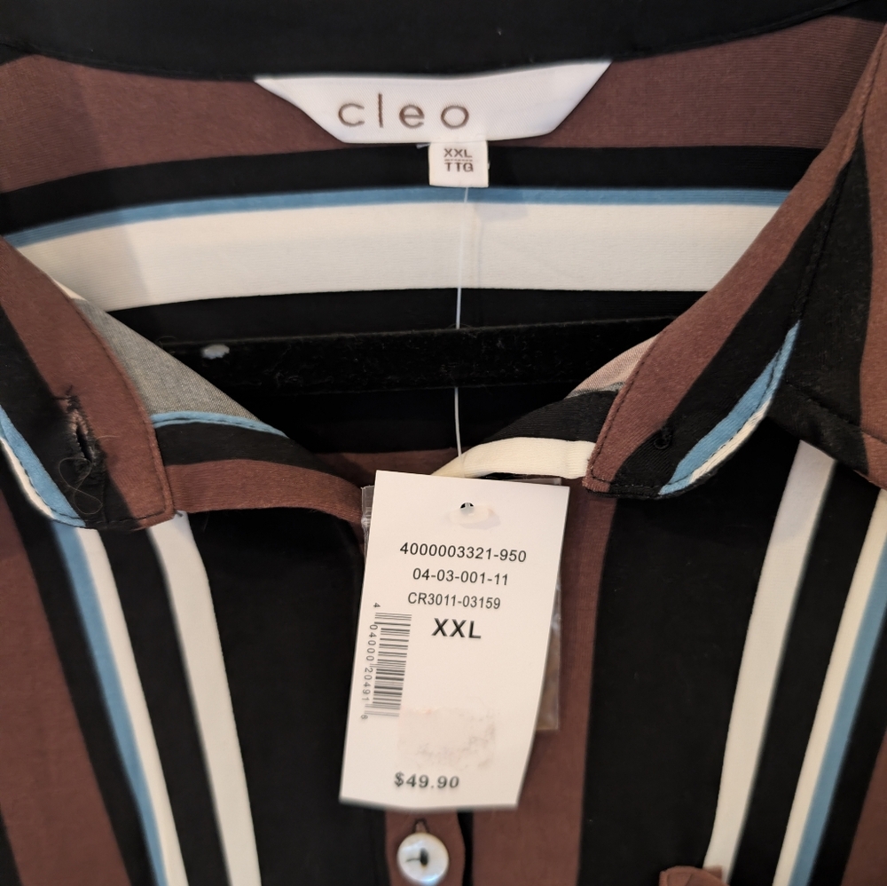 Cleo XXL Striped Tie Front Blouse NWT Neutral Brown Black Button Up Office Chic - Picture 2 of 3